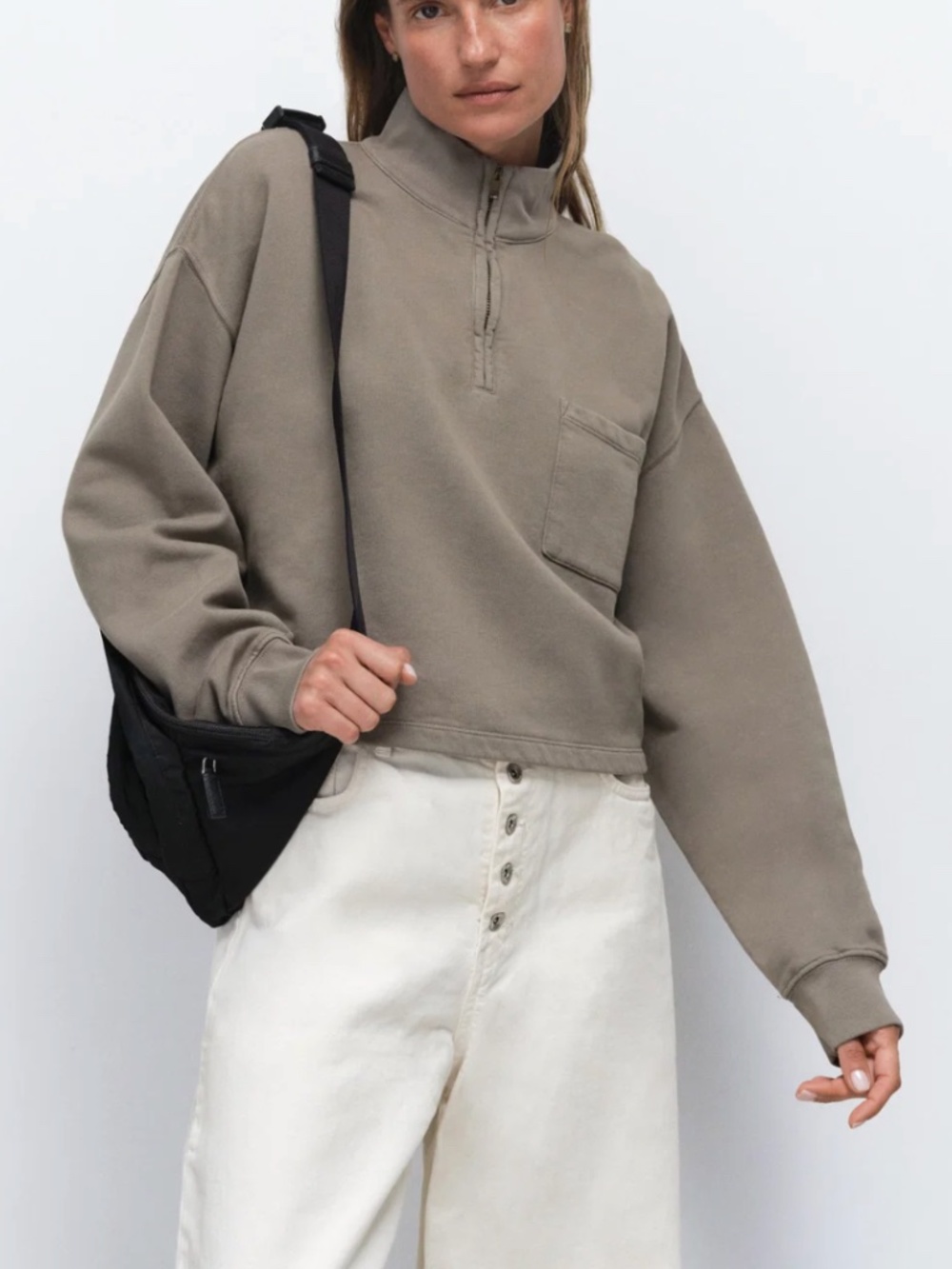 Mate the label organic fleece cropped half- zip sweatshirt small $158 retail